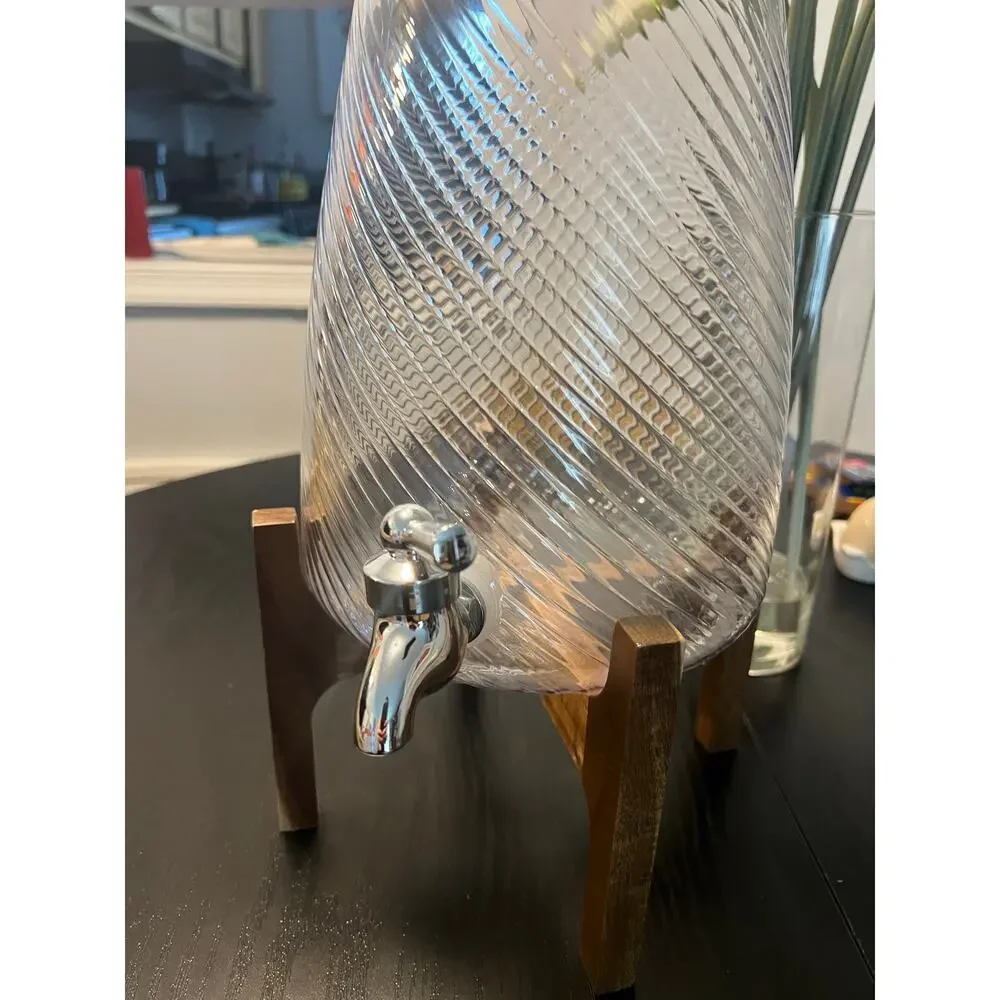 Acrylic Drink Dispenser 5L with Wood Stand and Lid New
